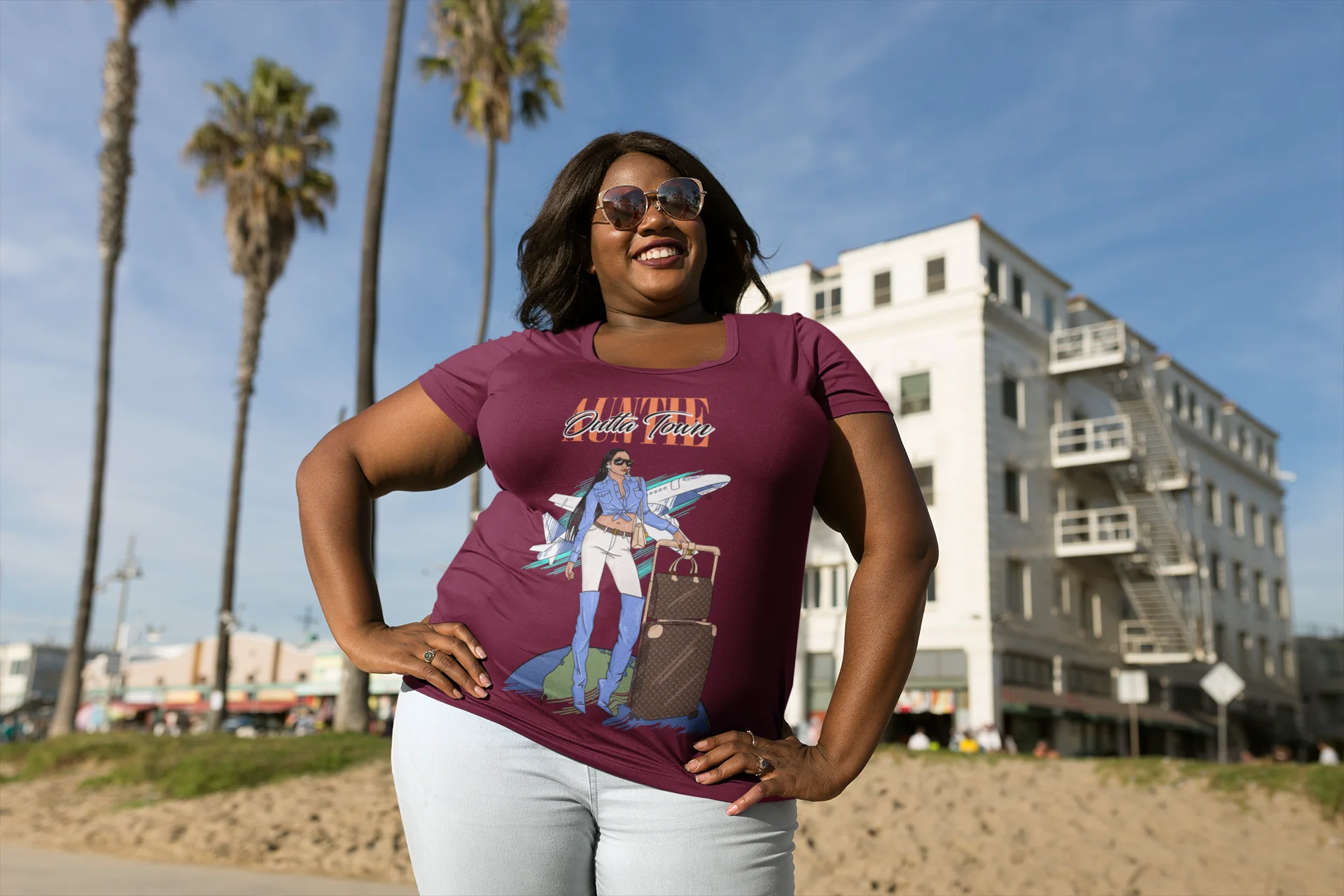 mockup of a happy woman wearing a plus size t shirt near palm trees